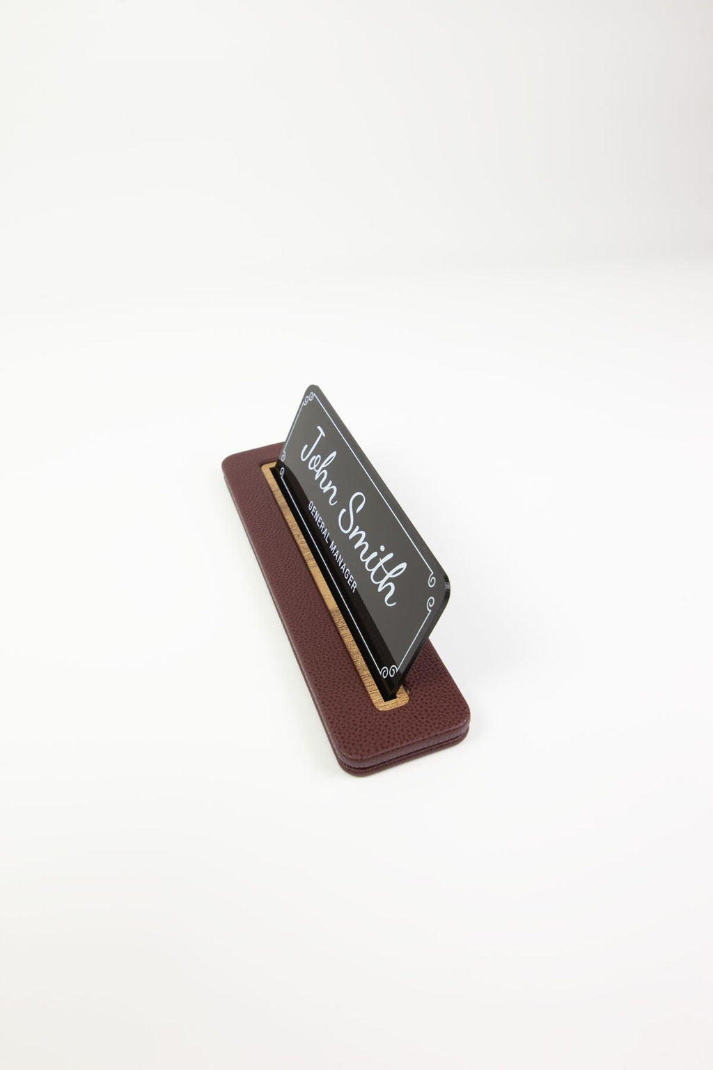 Leather Desk Nameplate Black Wood Detailed