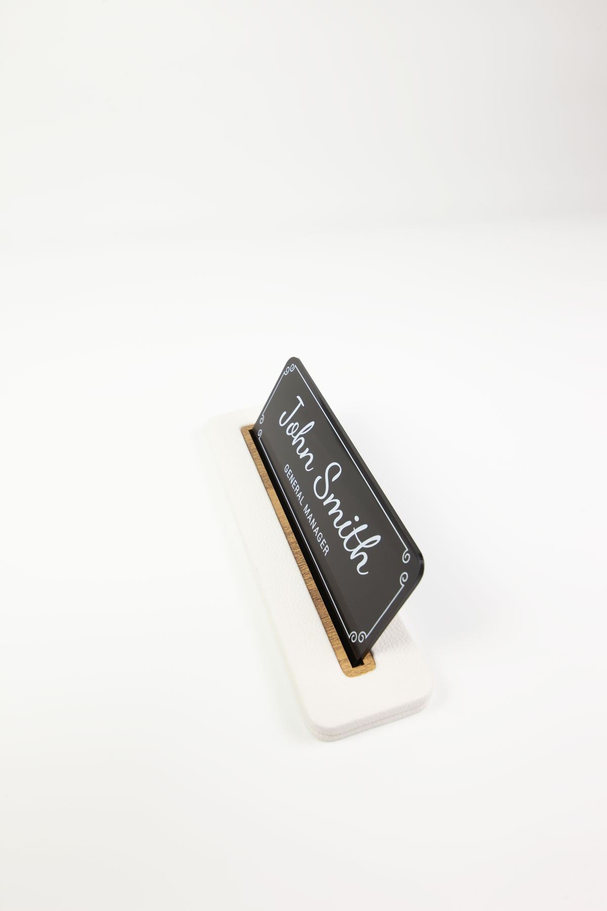 Leather Desk Nameplate Black Wood Detailed