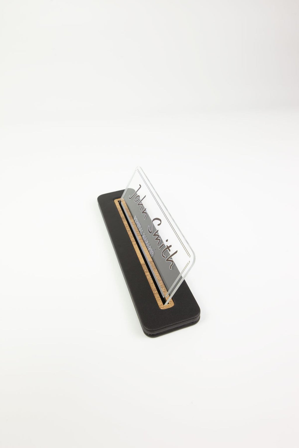 Leather Desk Nameplate Black Wood Detailed