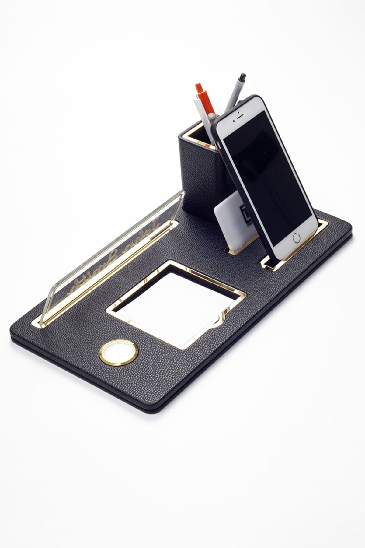 Desktop Nameplate Leather Organizer Black Gold Detailed Clock and Pen Holder