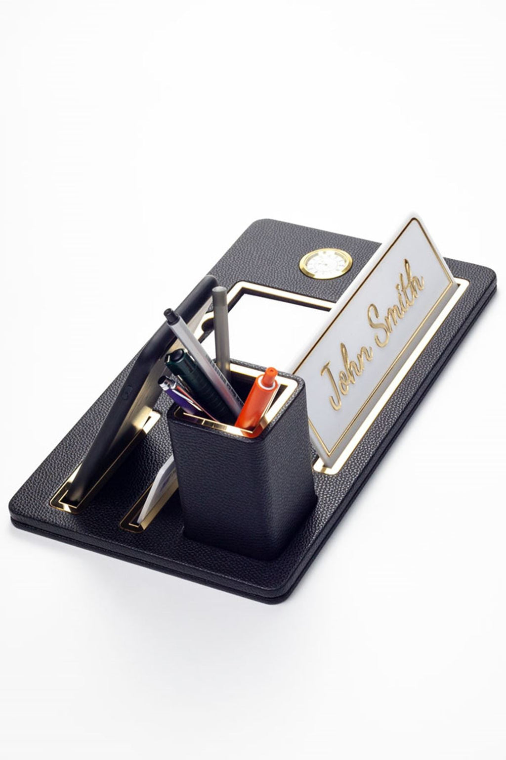 Desktop Nameplate Leather Organizer Black Gold Detailed Clock and Pen Holder
