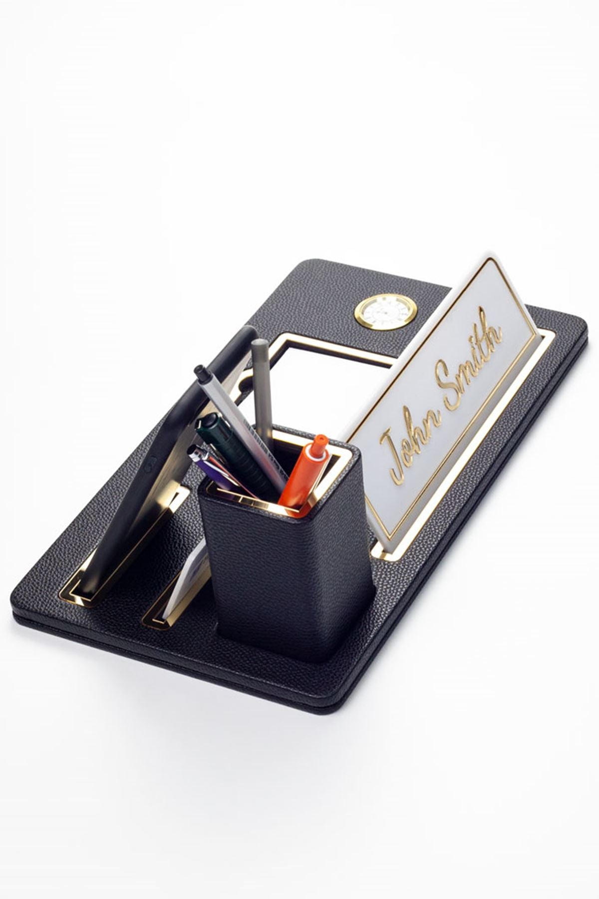 Desktop Nameplate Leather Organizer Black Gold Detailed Clock and Pen Holder