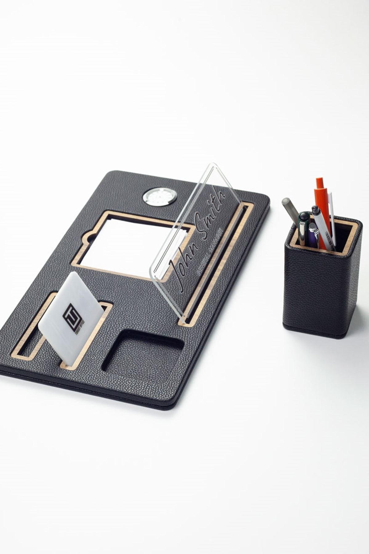 Desktop Nameplate Leather Organizer Black Wood Detailed Clock and Pen Holder