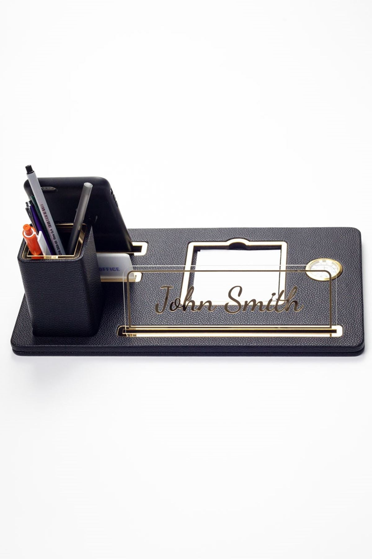 Desktop Nameplate Leather Organizer Black Gold Detailed Clock and Pen Holder