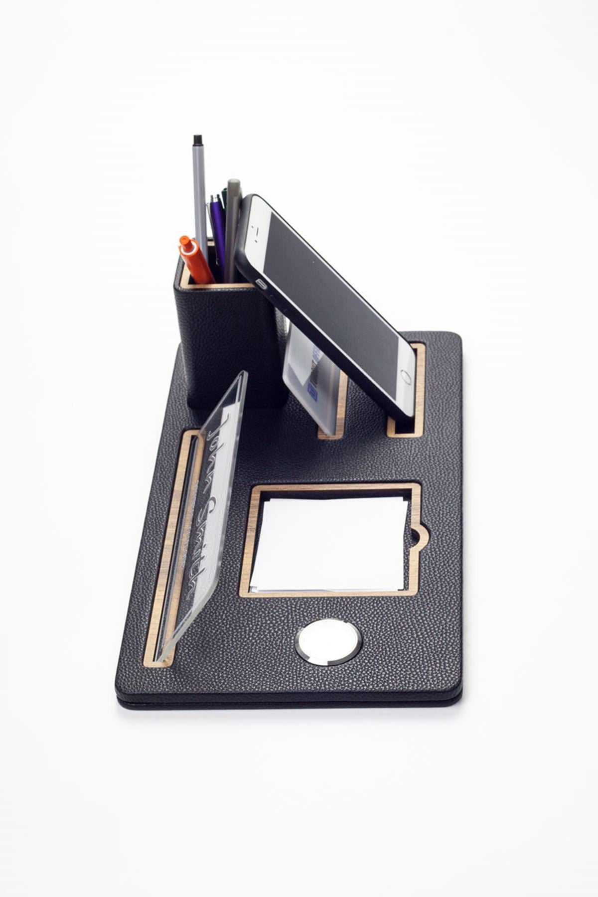 Desktop Nameplate Leather Organizer Black Wood Detailed Clock and Pen Holder