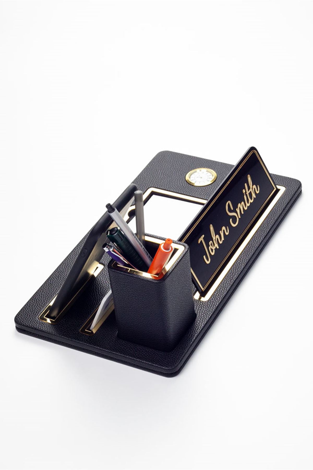 Desktop Nameplate Leather Organizer Black Gold Detailed Clock and Pen Holder