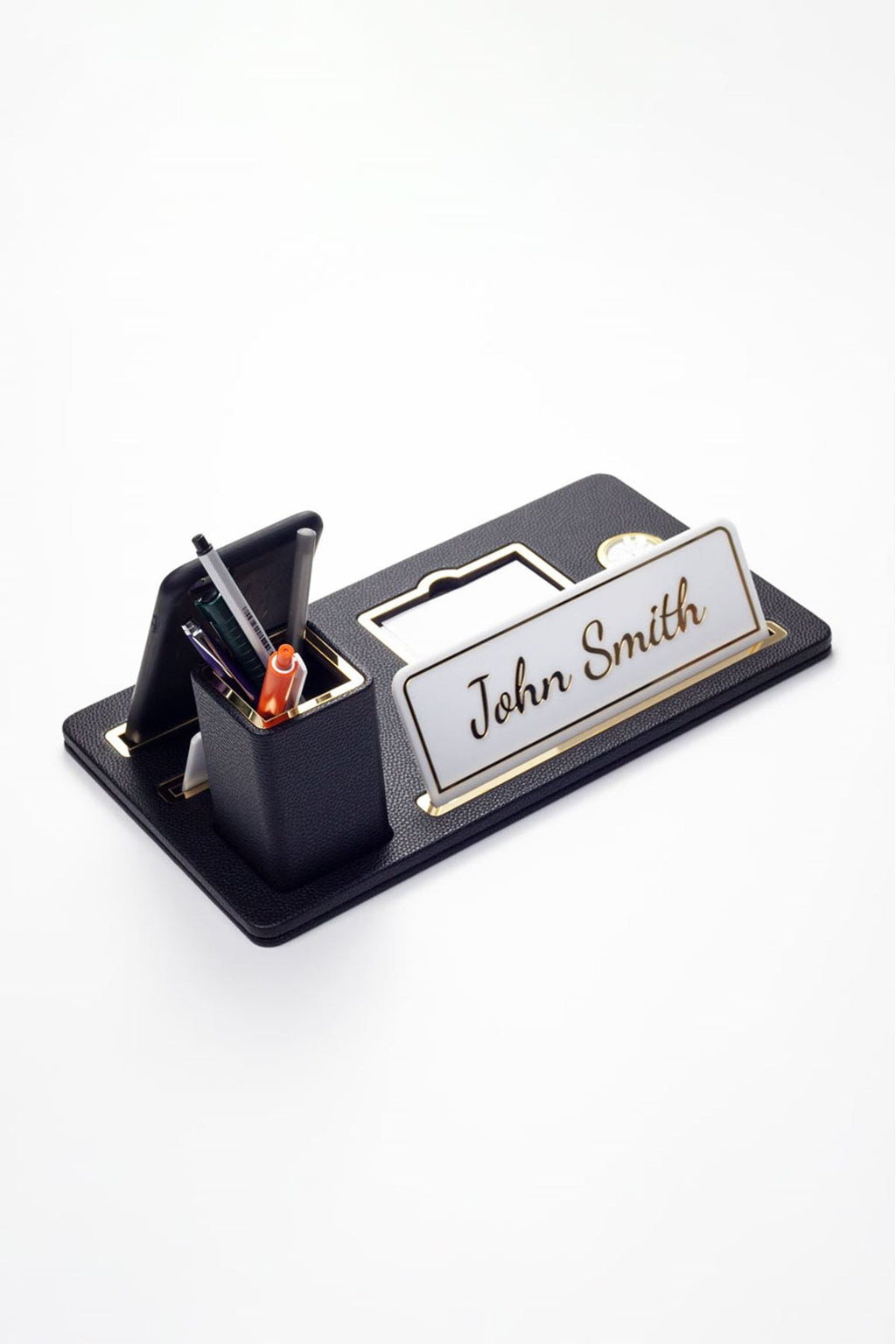 Desktop Nameplate Leather Organizer Black Gold Detailed Clock and Pen Holder