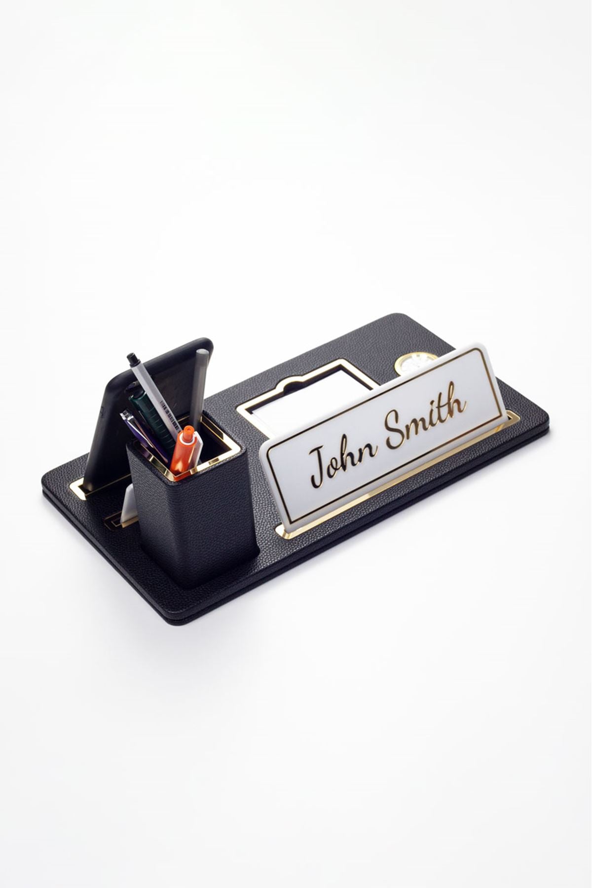 Desktop Nameplate Leather Organizer Black Gold Detailed Clock and Pen Holder
