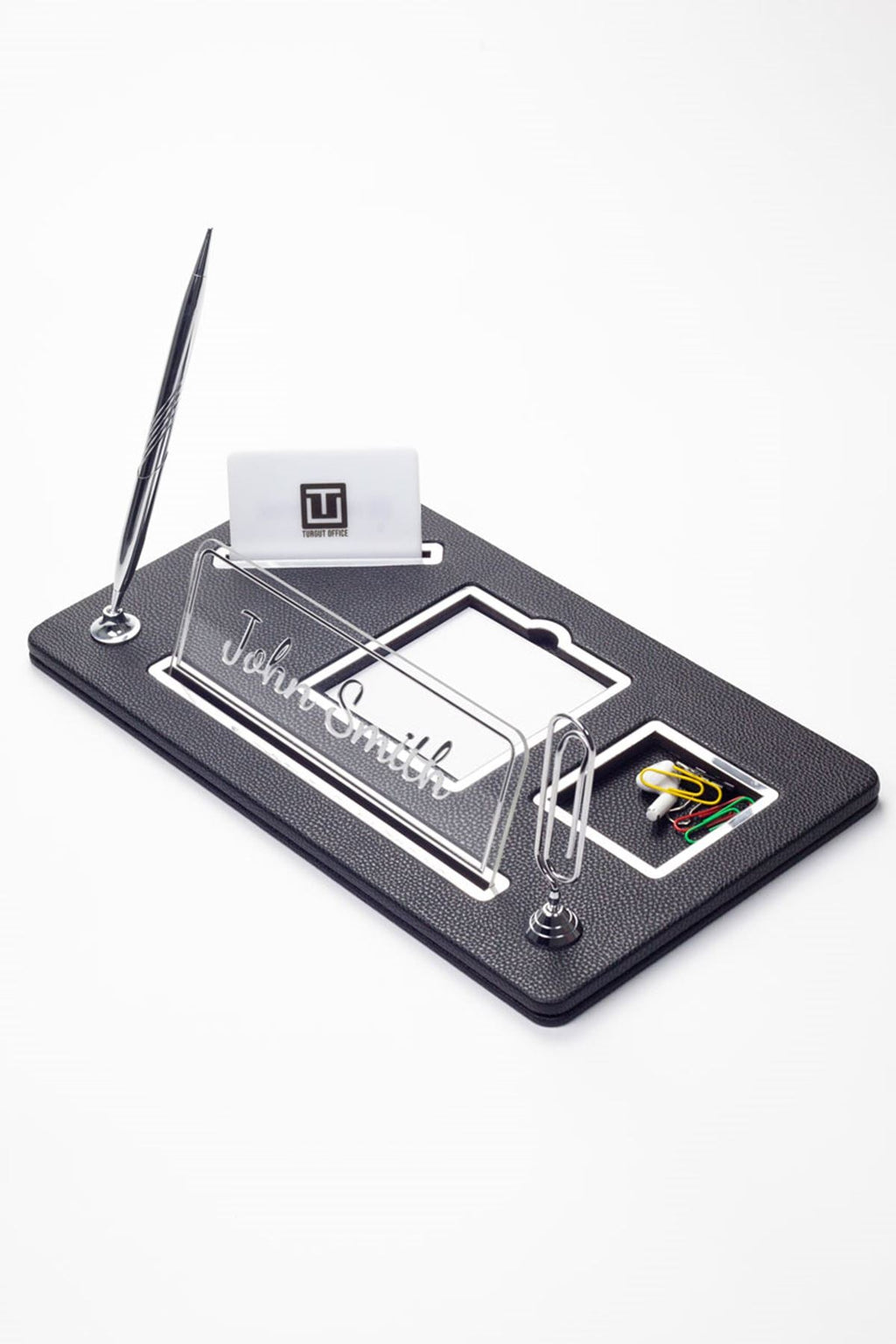 Organizer Leather Desk Nameplate Chrome Detailed