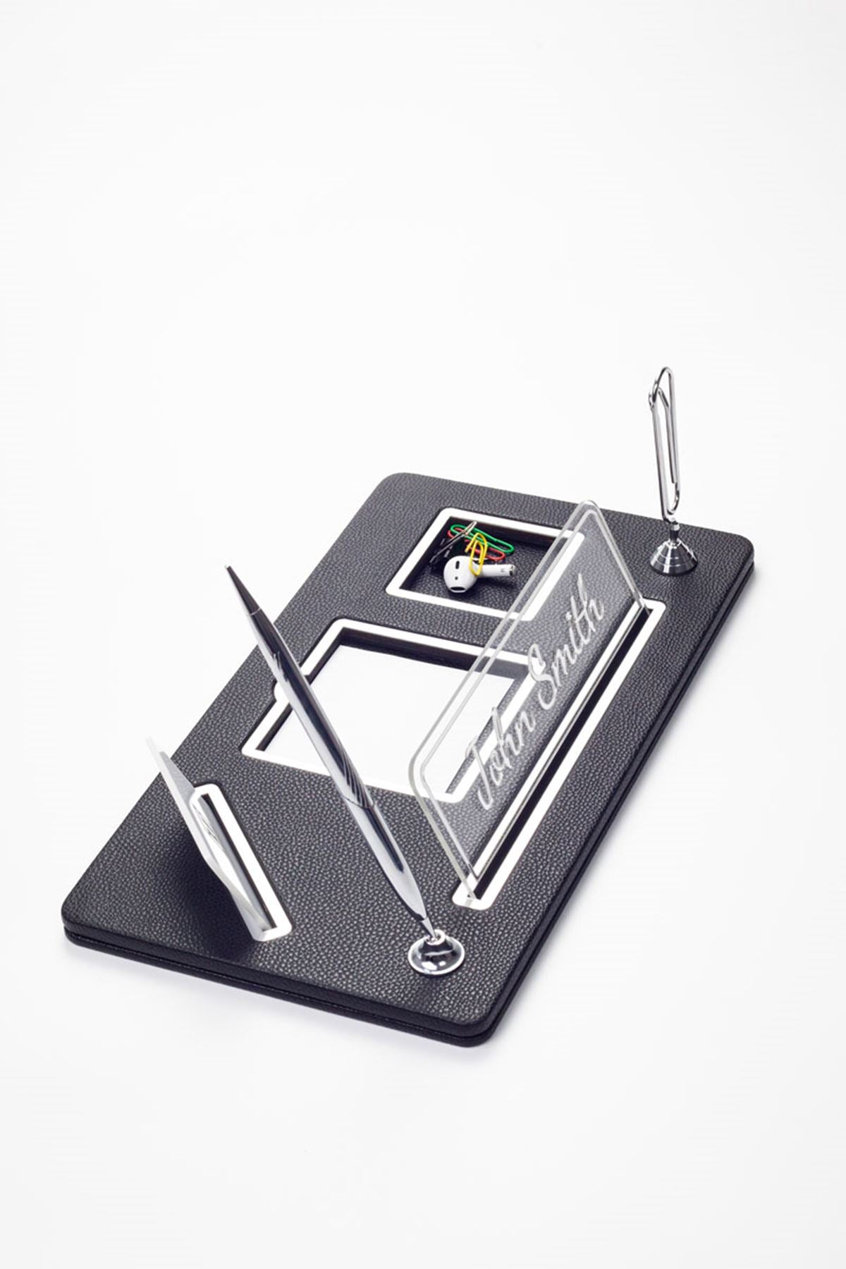 Organizer Leather Desk Nameplate Chrome Detailed