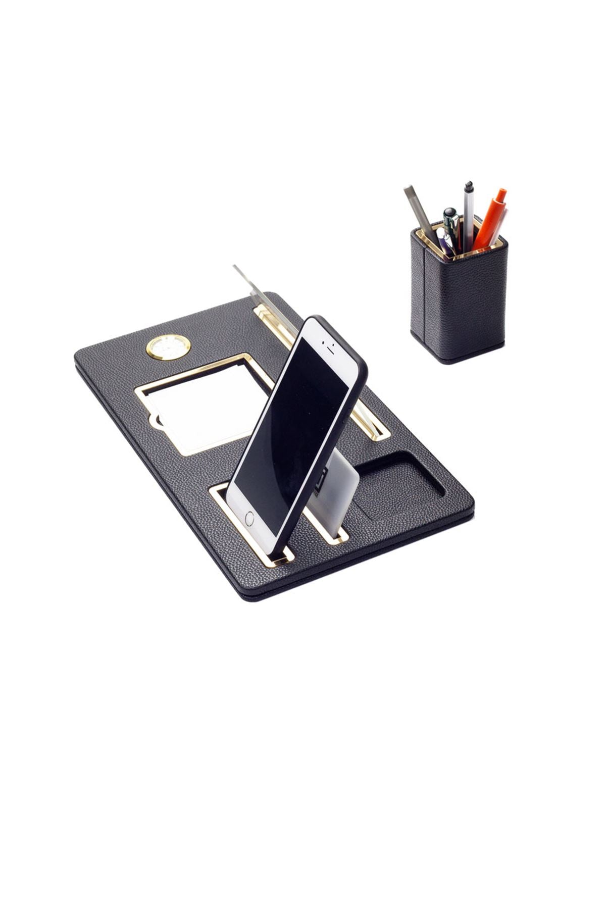 Desktop Nameplate Leather Organizer Black Gold Detailed Clock and Pen Holder