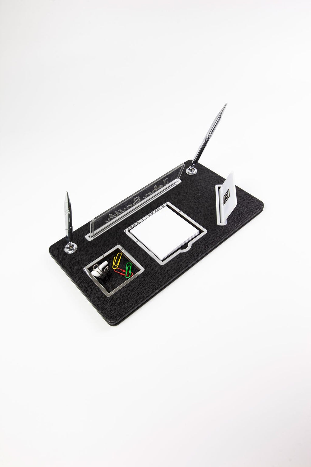 Organizer Leather Desk Name Holder with Two Pens Black Chrome Detailed