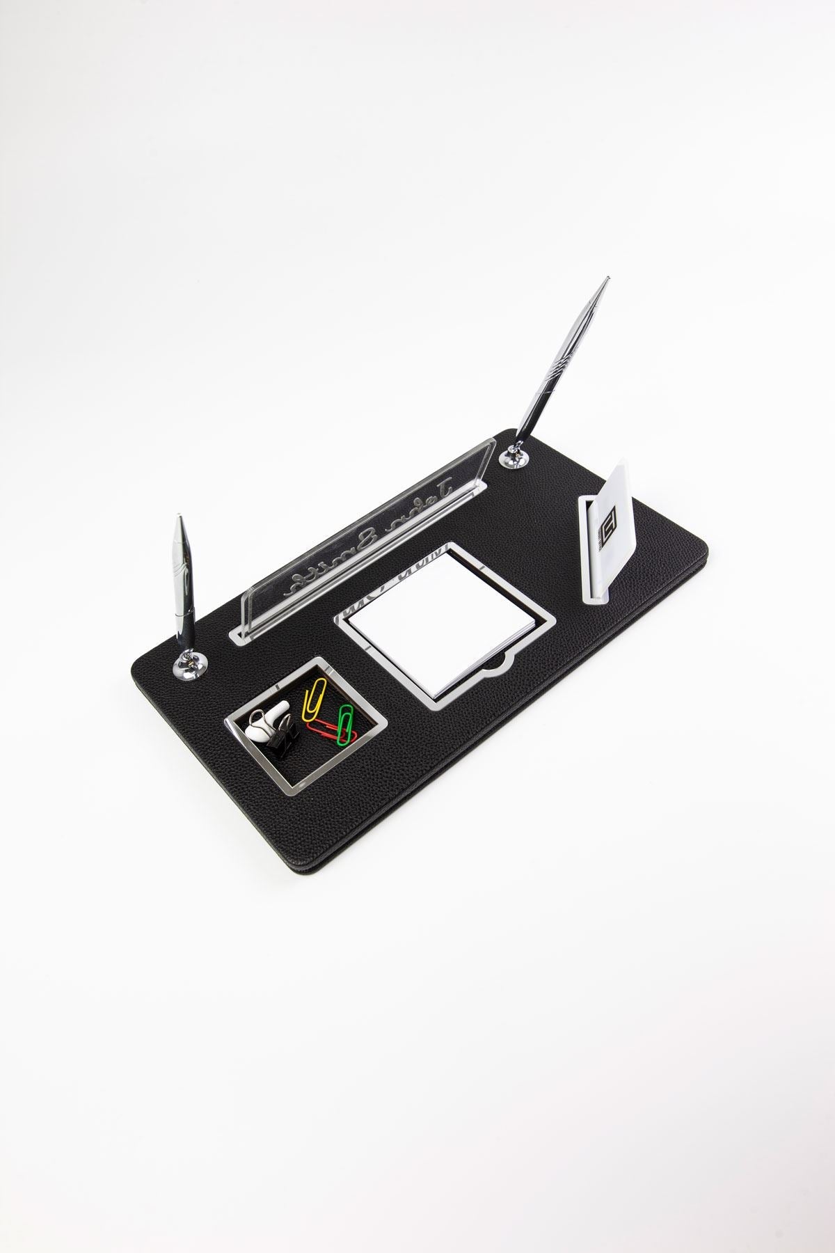 Organizer Leather Desk Name Holder with Two Pens Black Chrome Detailed