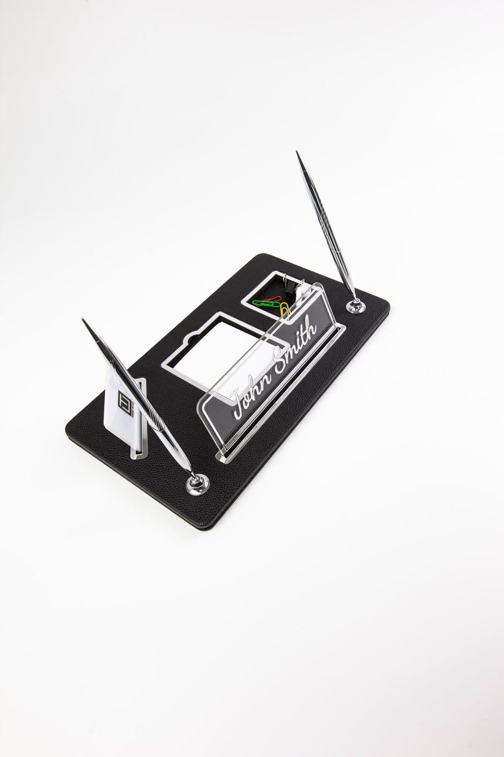 Organizer Leather Desk Name Holder with Two Pens Black Chrome Detailed