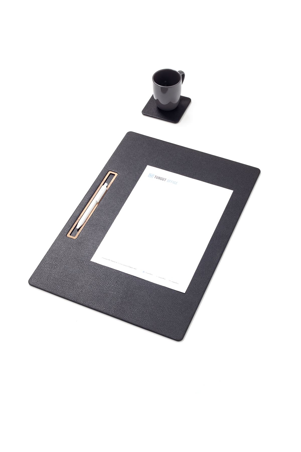 Leather Meeting Desk Black Horizontal Wooden Detailed 49x34cm