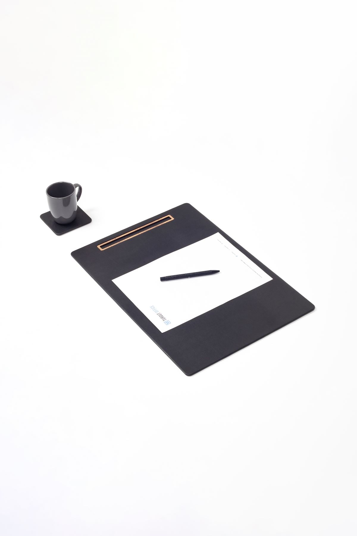 Leather Meeting Desk Black Vertical Wooden Detail 49x34cm
