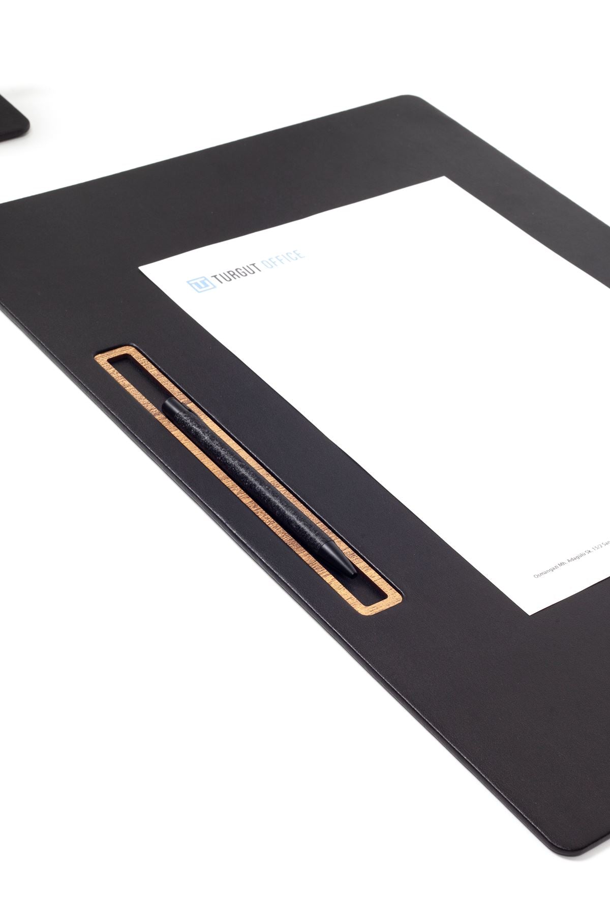 Leather Meeting Desk Black Horizontal Wooden Detailed 49x34cm