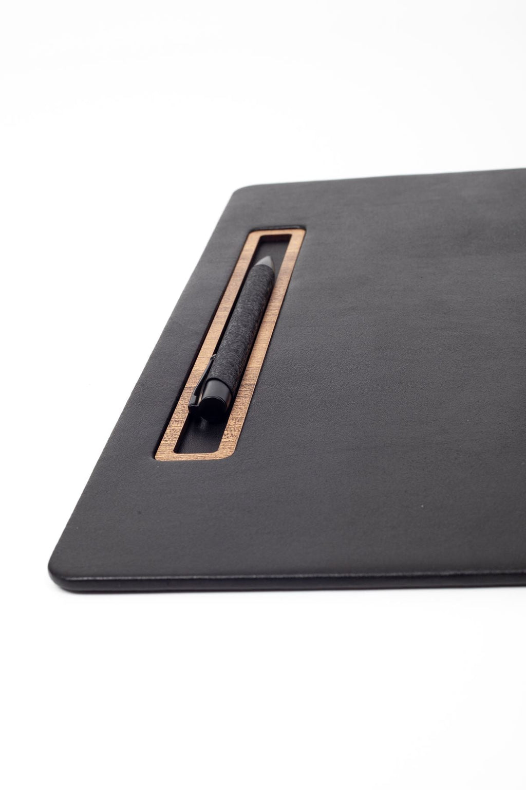 Leather Meeting Desk Black Vertical Wooden Detail 49x34cm