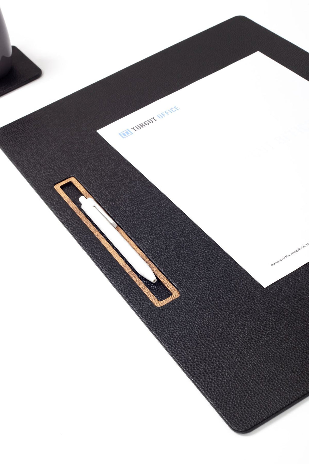 Leather Meeting Desk Black Horizontal Wooden Detailed 49x34cm