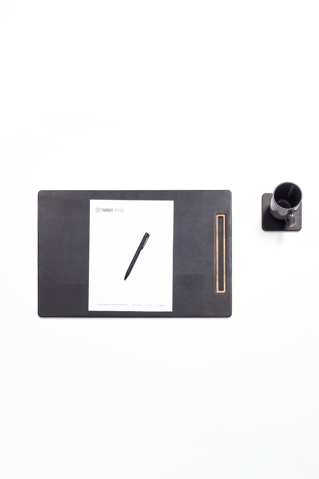 Leather Meeting Desk Black Vertical Wooden Detail 49x34cm