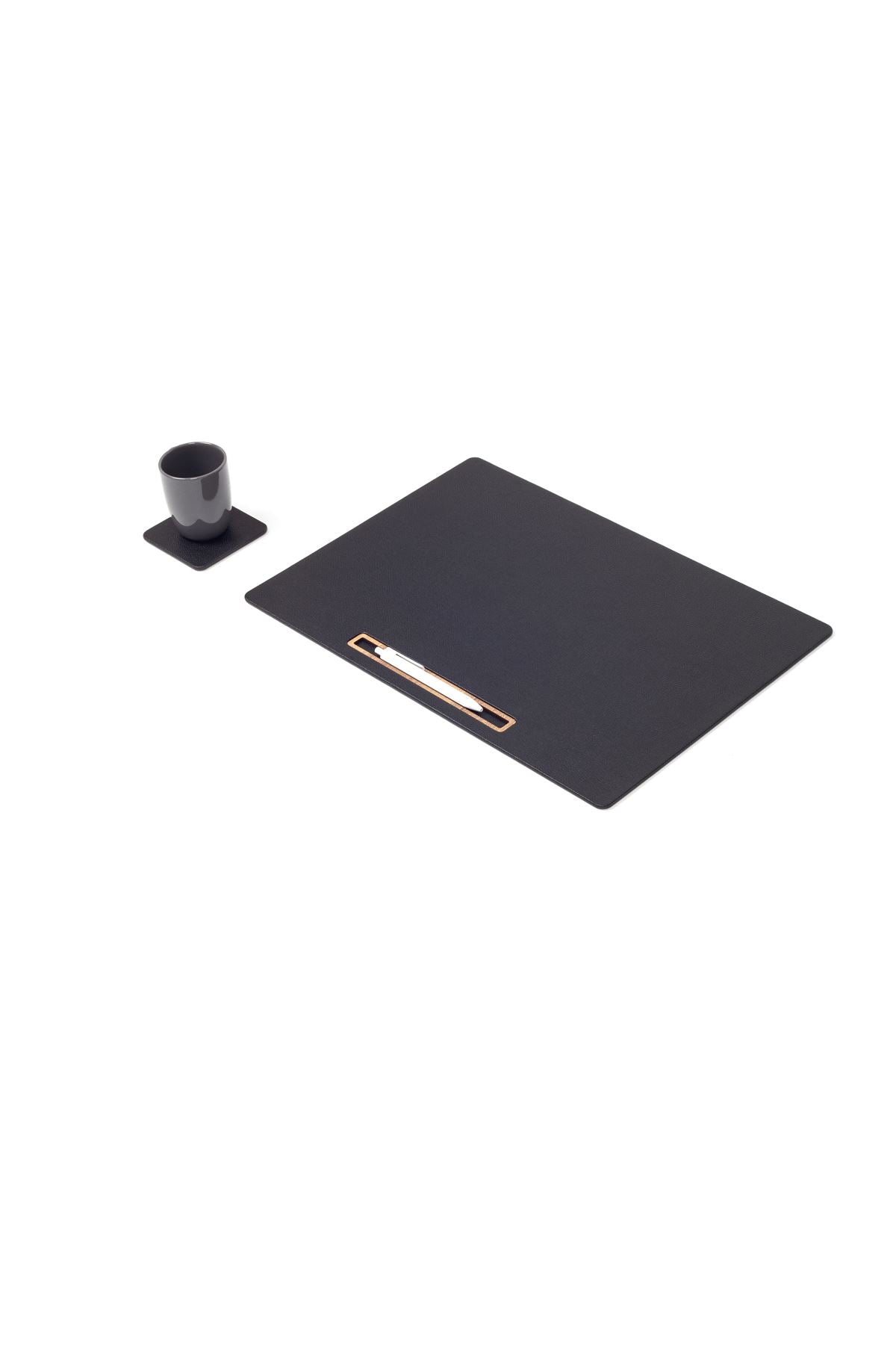 Leather Meeting Desk Black Horizontal Wooden Detailed 49x34cm