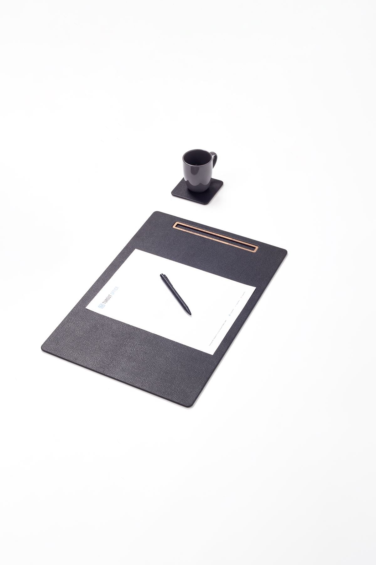 Leather Meeting Desk Black Vertical Wooden Detail 49x34cm