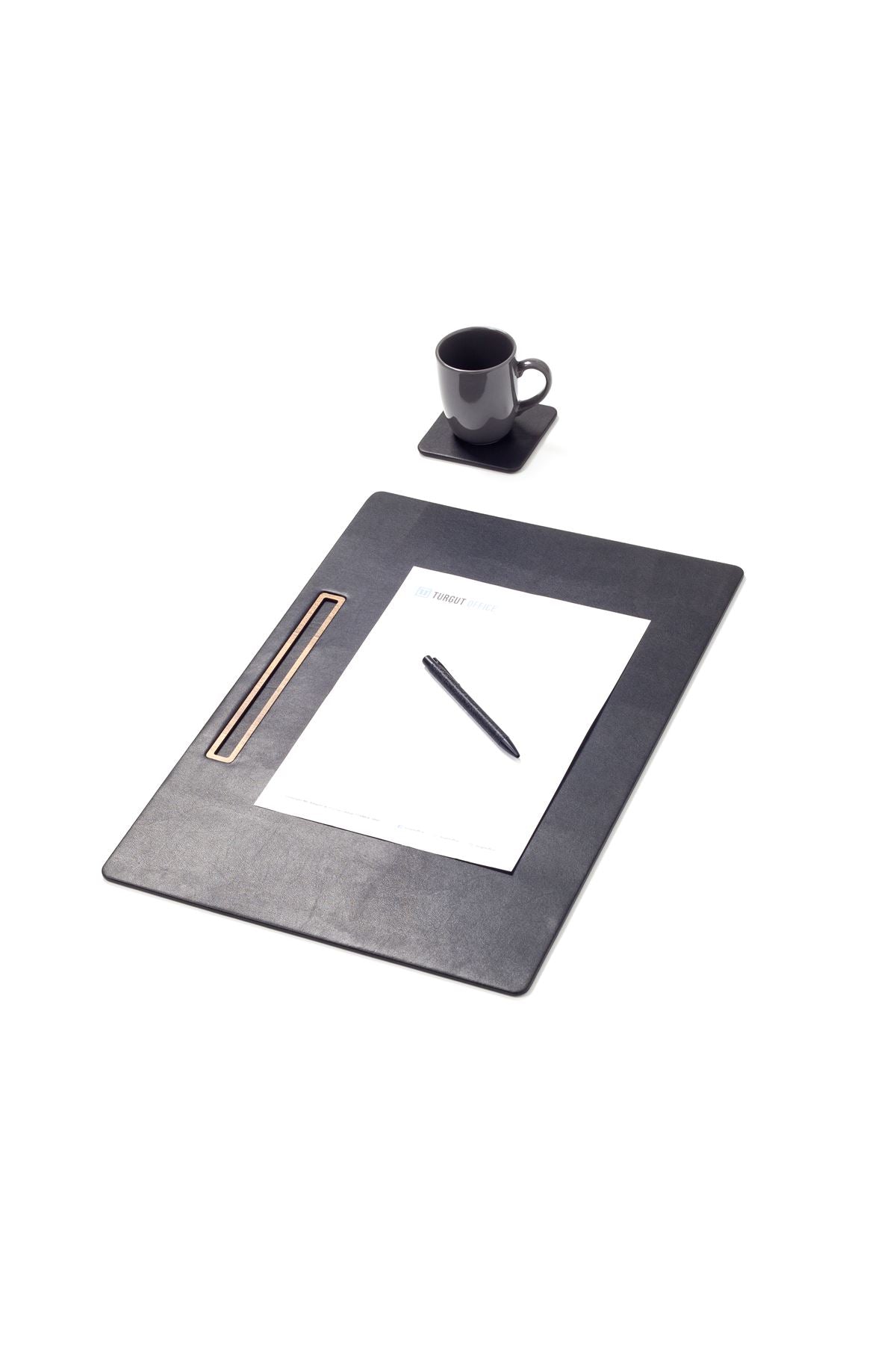 Leather Meeting Desk Black Horizontal Wooden Detailed 49x34cm