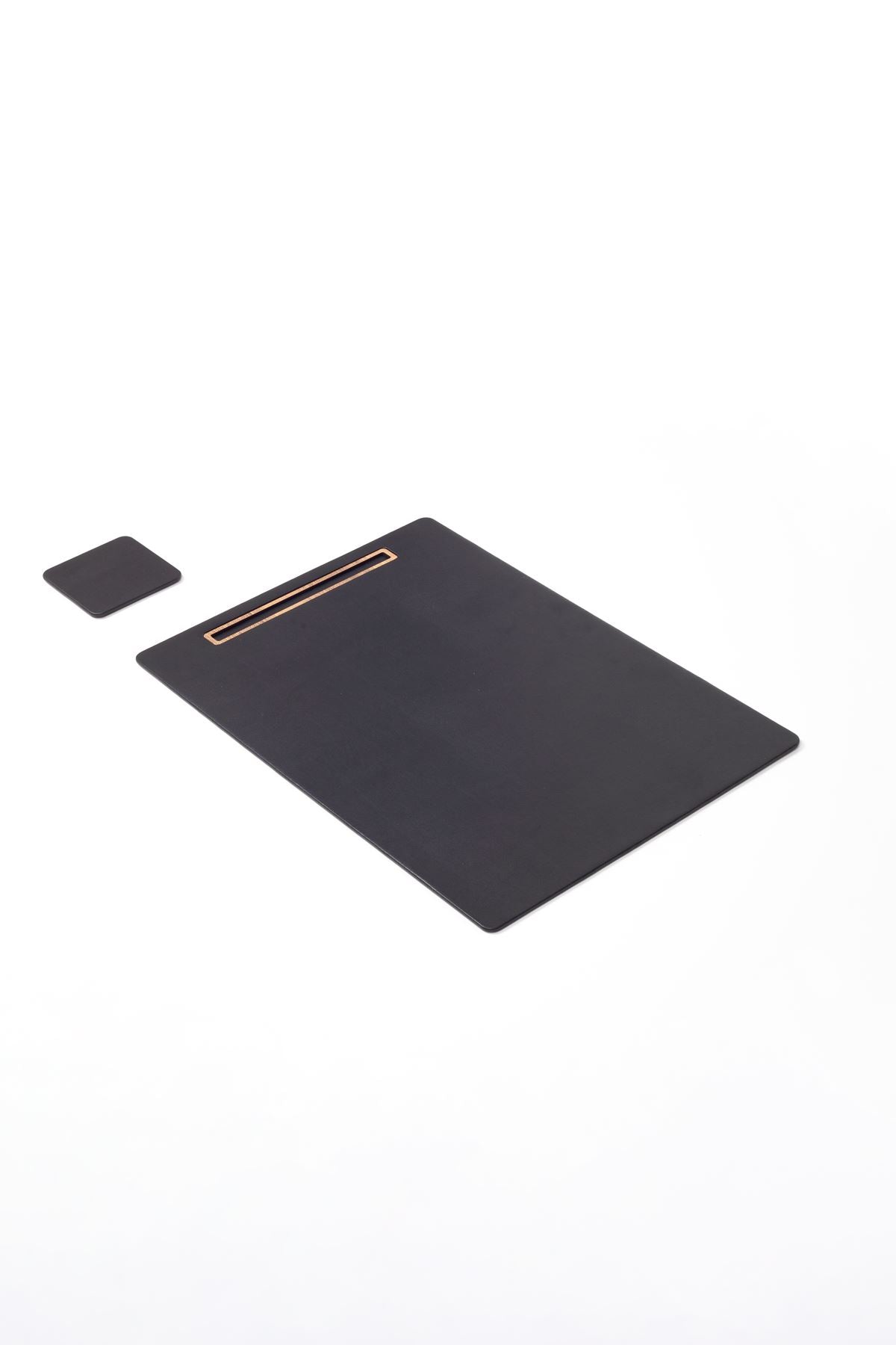 Leather Meeting Desk Black Vertical Wooden Detail 49x34cm