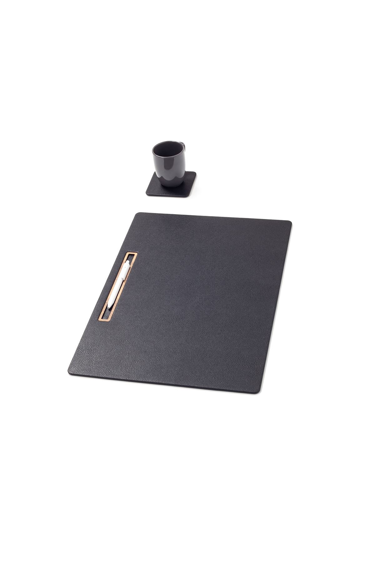 Leather Meeting Desk Black Horizontal Wooden Detailed 49x34cm