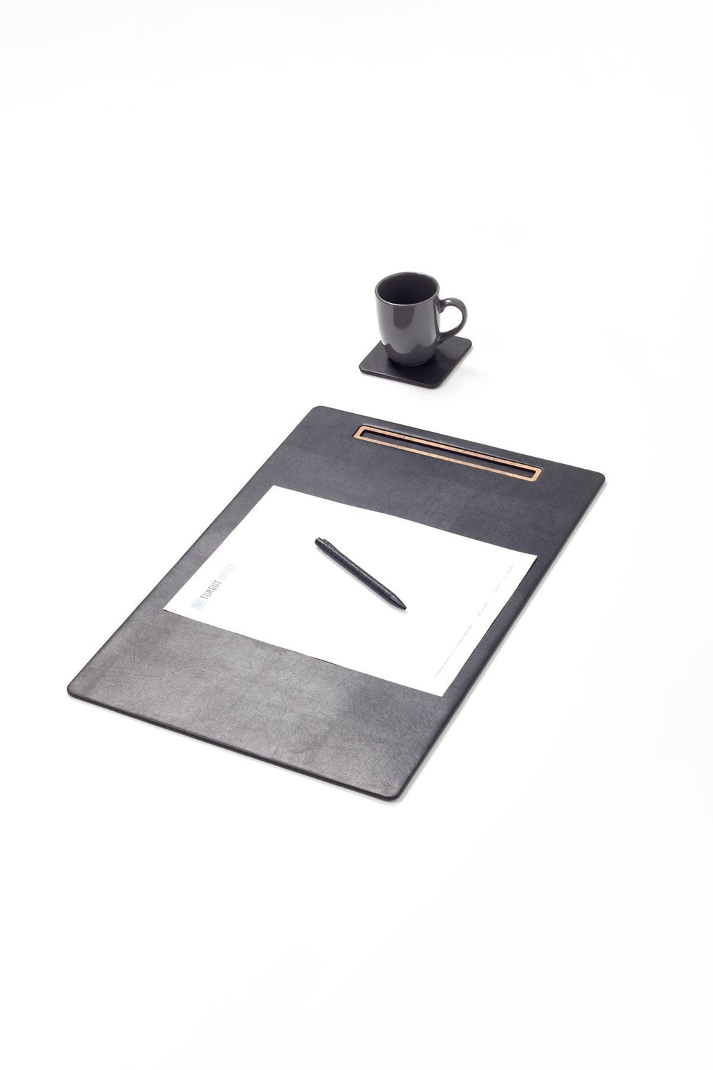 Leather Meeting Desk Black Vertical Wooden Detail 49x34cm