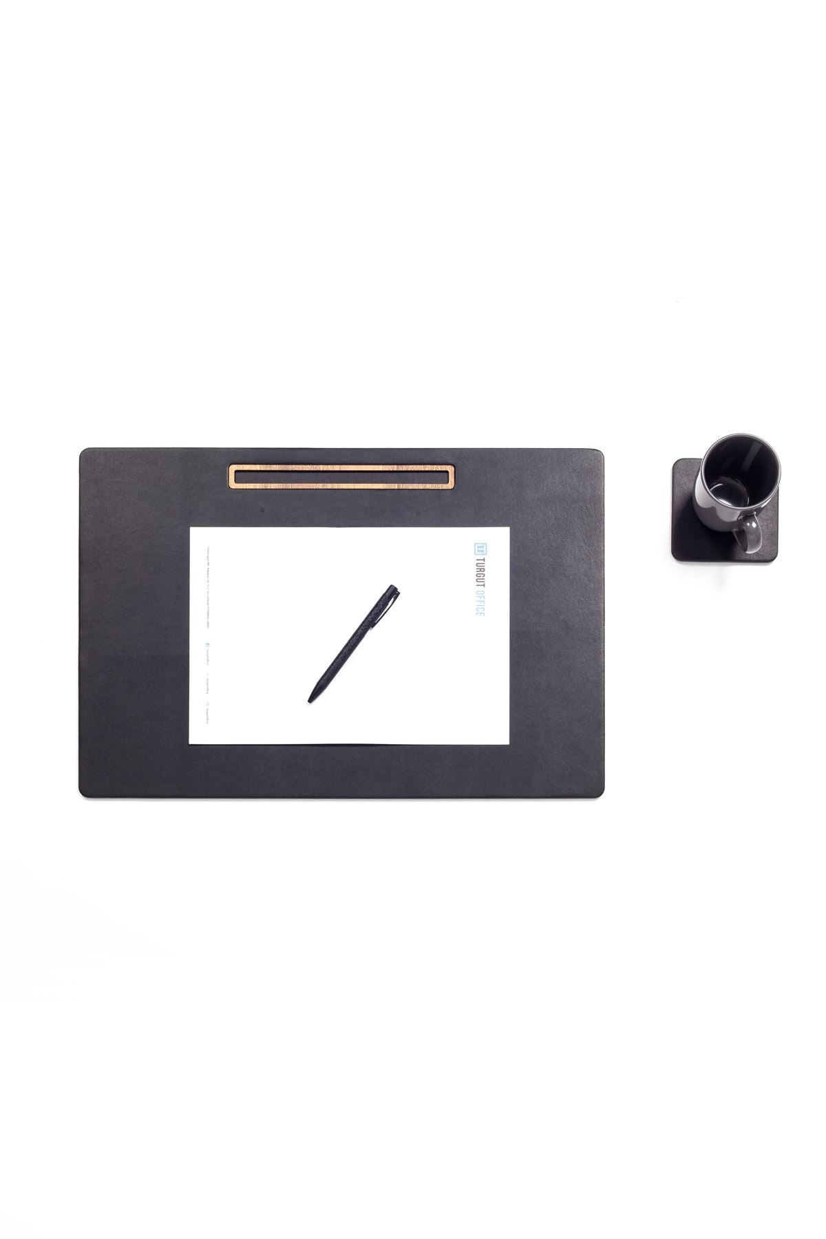 Leather Meeting Desk Black Horizontal Wooden Detailed 49x34cm