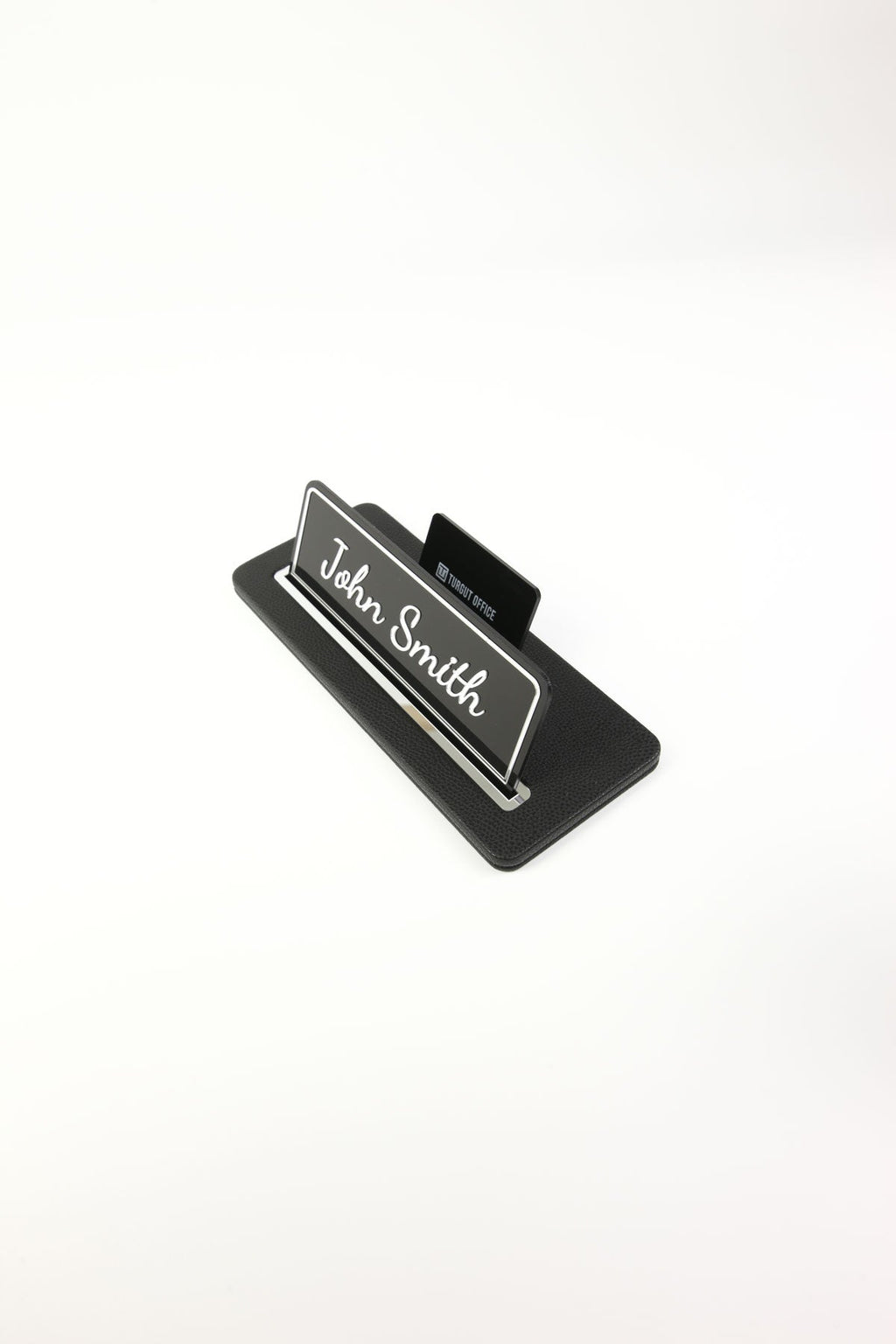 Leather Desk Name Holder Black Chrome Detailed - Name Holder and Business Card Holder