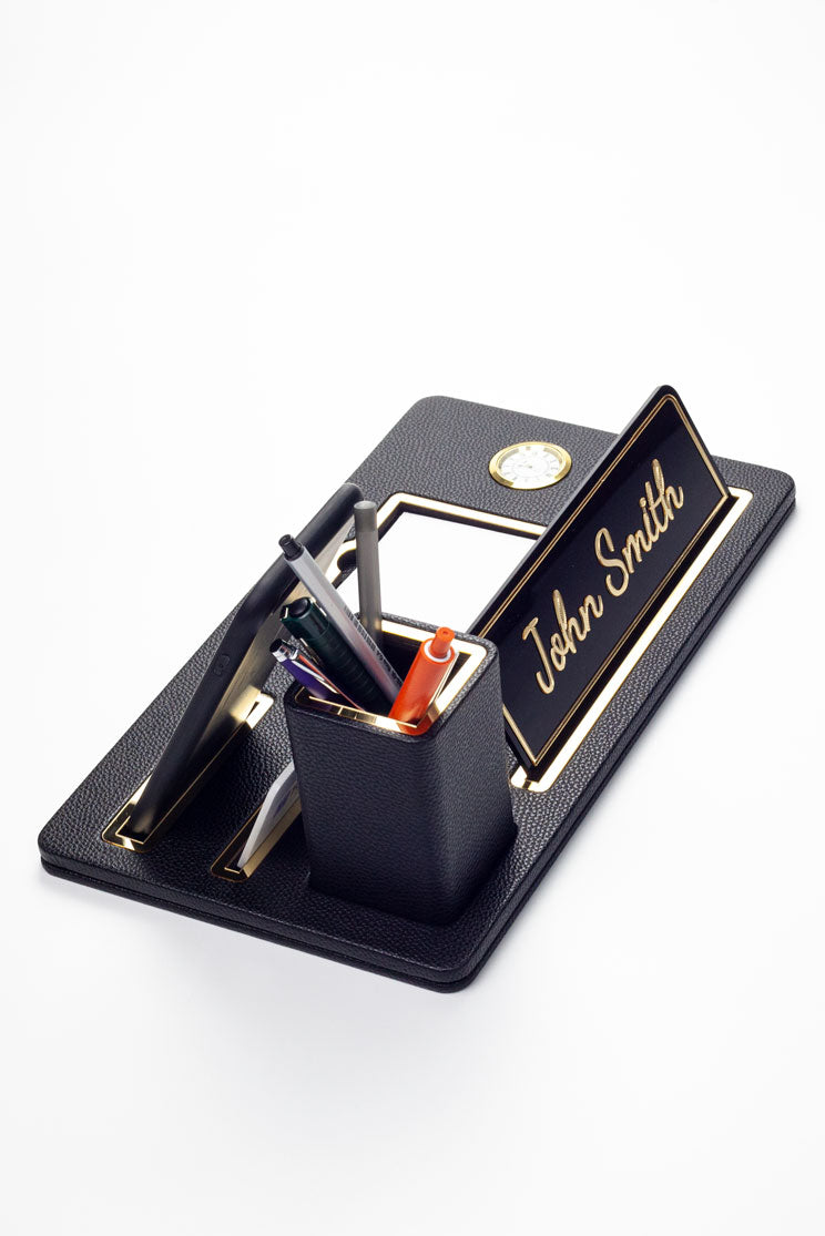 Desktop Nameplate Leather Organizer Black Gold Detailed Clock and Pen Holder
