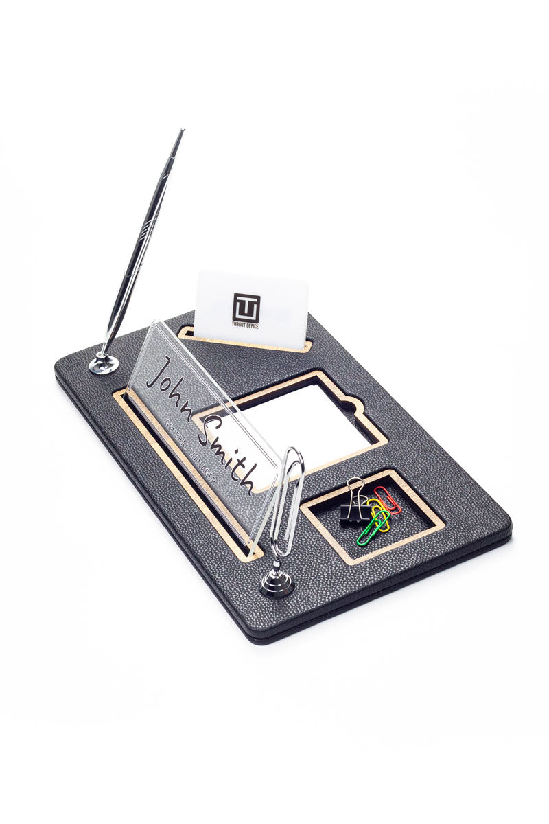 Organizer Leather Desk Nameplate Wood Detailed