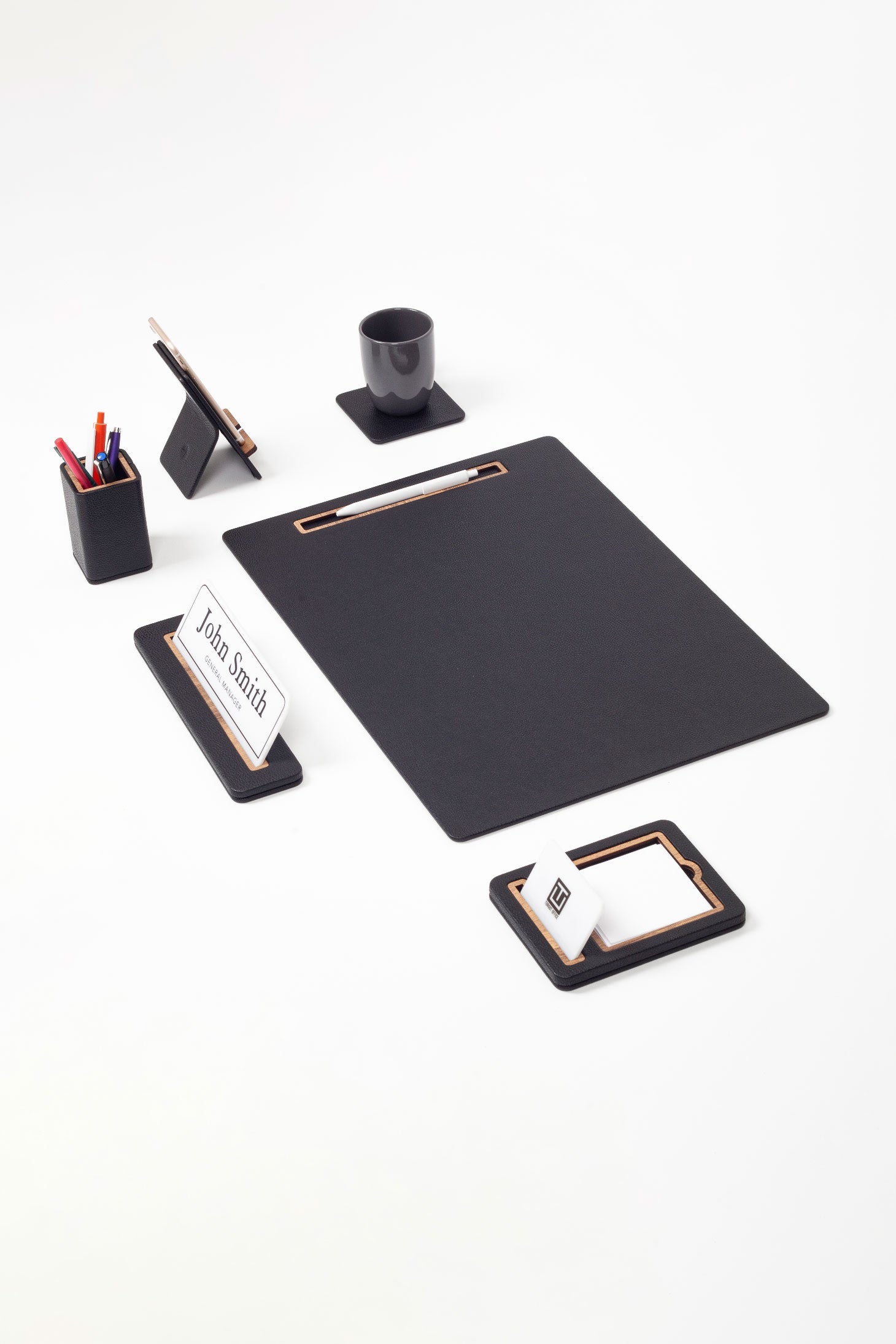 Alya Vertical Slatted Leather Desk Set Black 6 Pcs