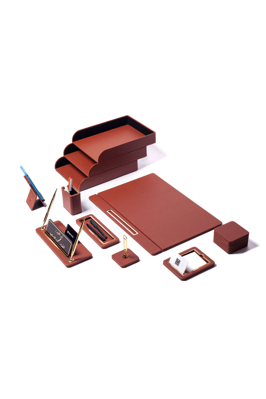 Capella Leather Desk Set Tan 11 Pieces Covered Model With Three Document Shelves