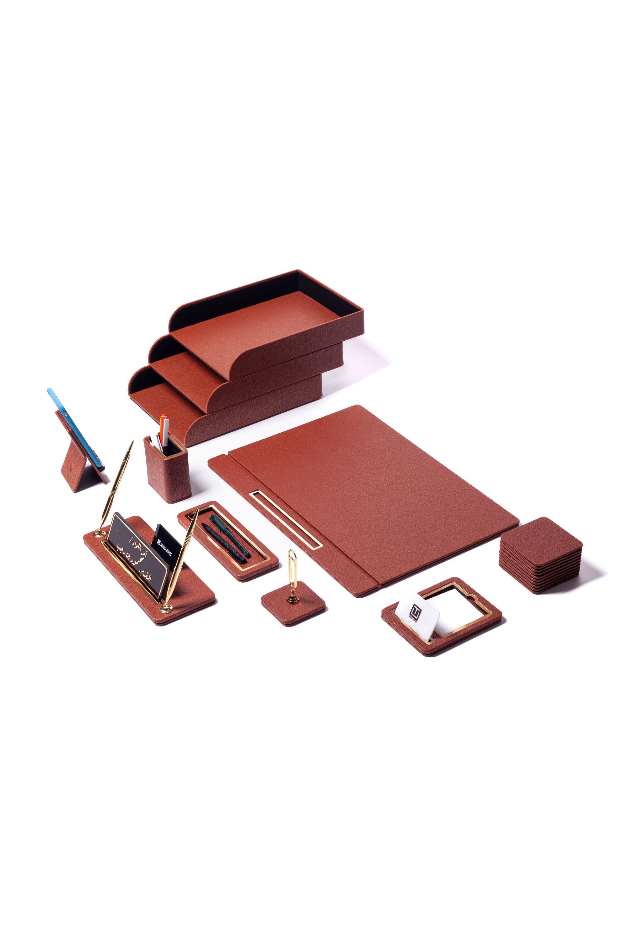 Capella Leather Desk Set Tan 11 Pieces Covered Model With Three Document Shelves