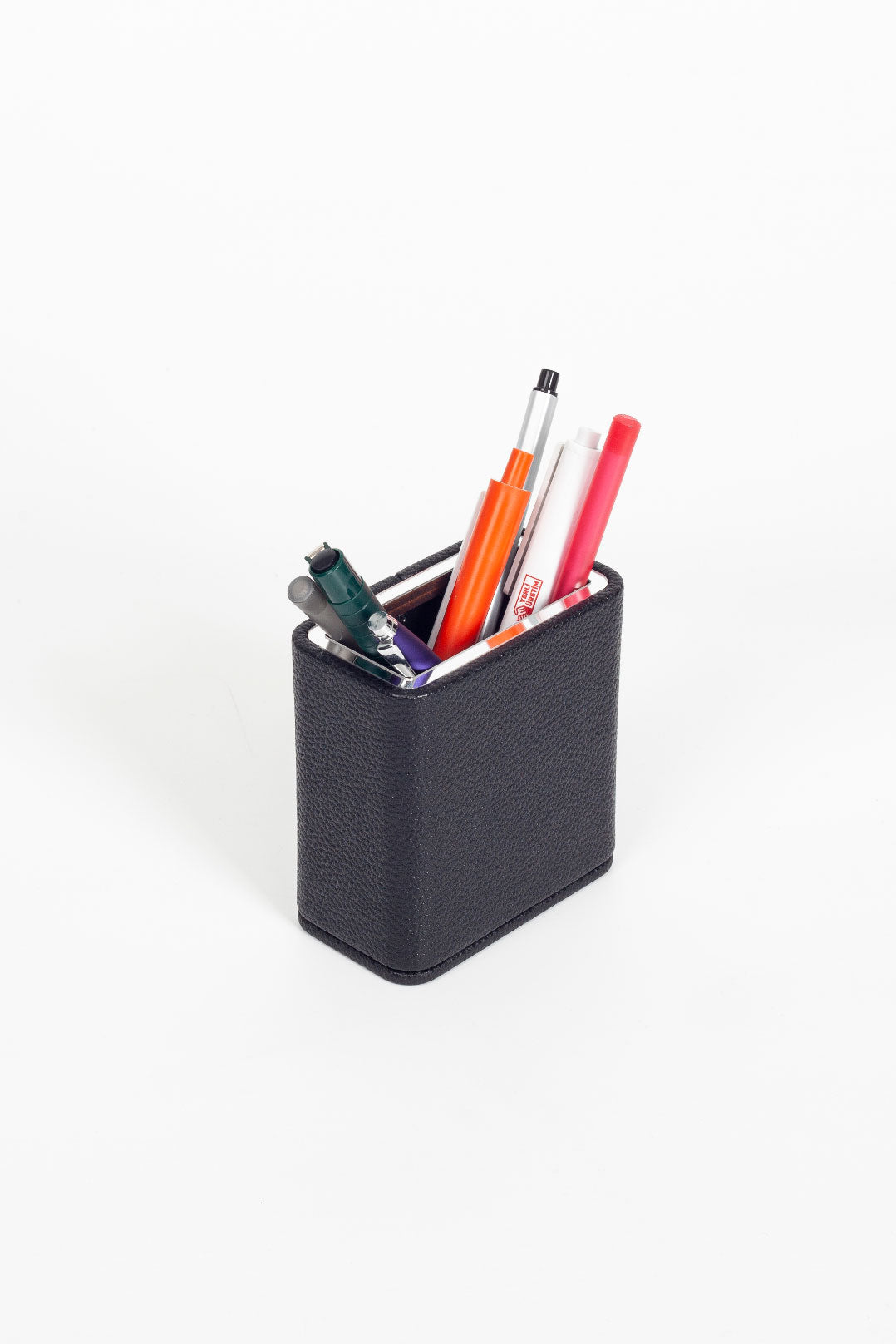 Desktop Leather Chrome Detailed Pencil Holder Black
