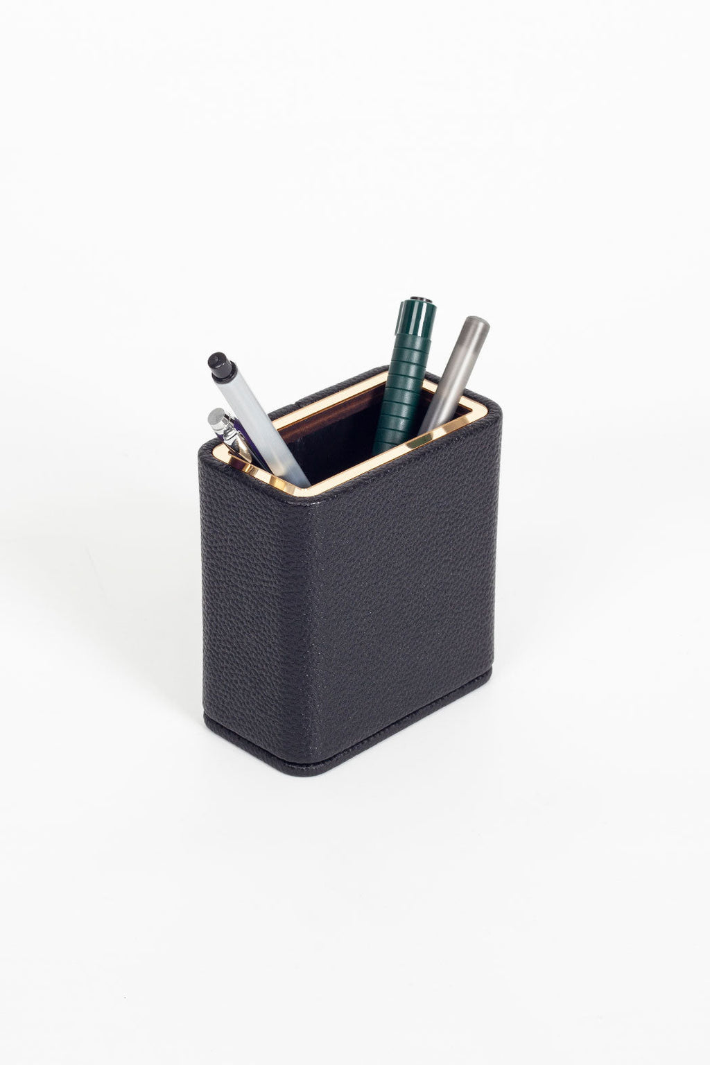 Desktop Leather Gold Detailed Pen Holder Black