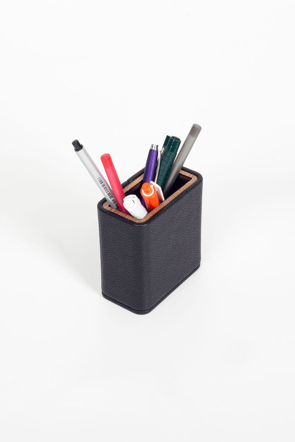 Desktop Leather Wood Detailed Pencil Holder Black
