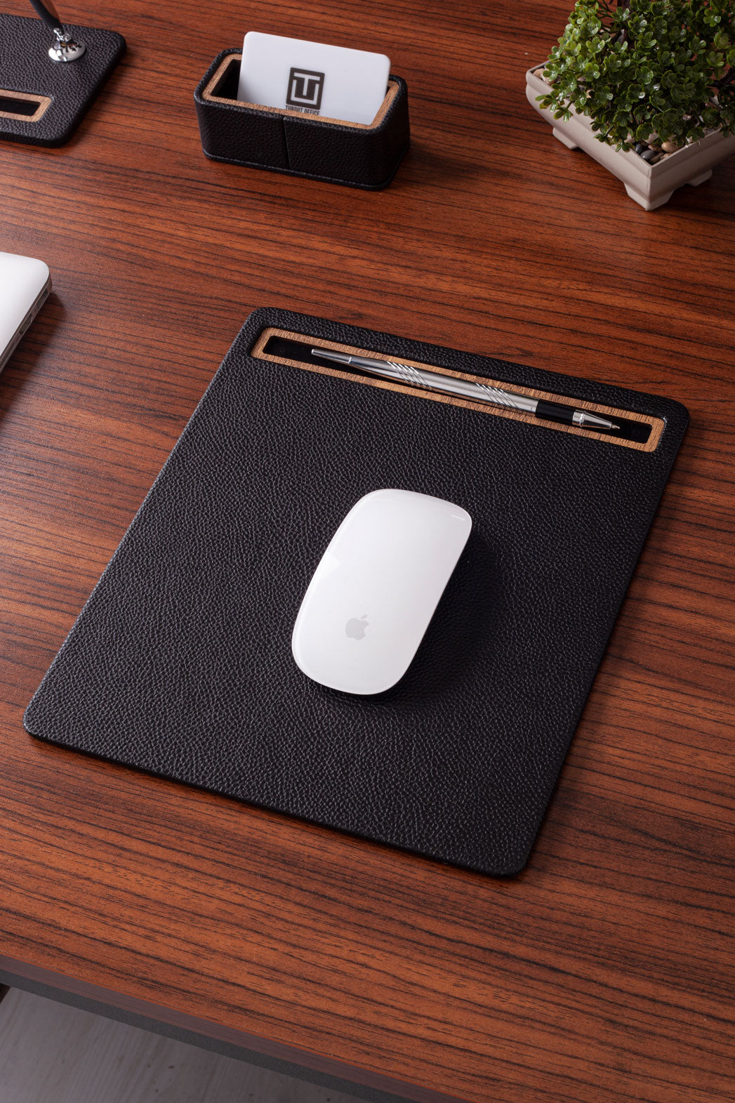 Leather Mousepad Black Wood Detailed