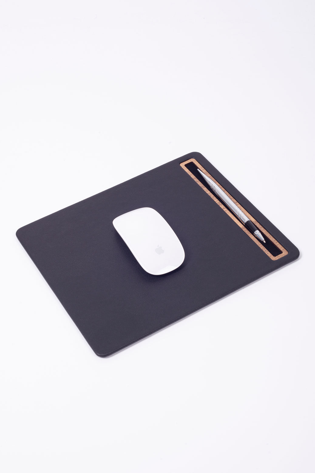 Leather Mousepad Plain Black Wood Detailed