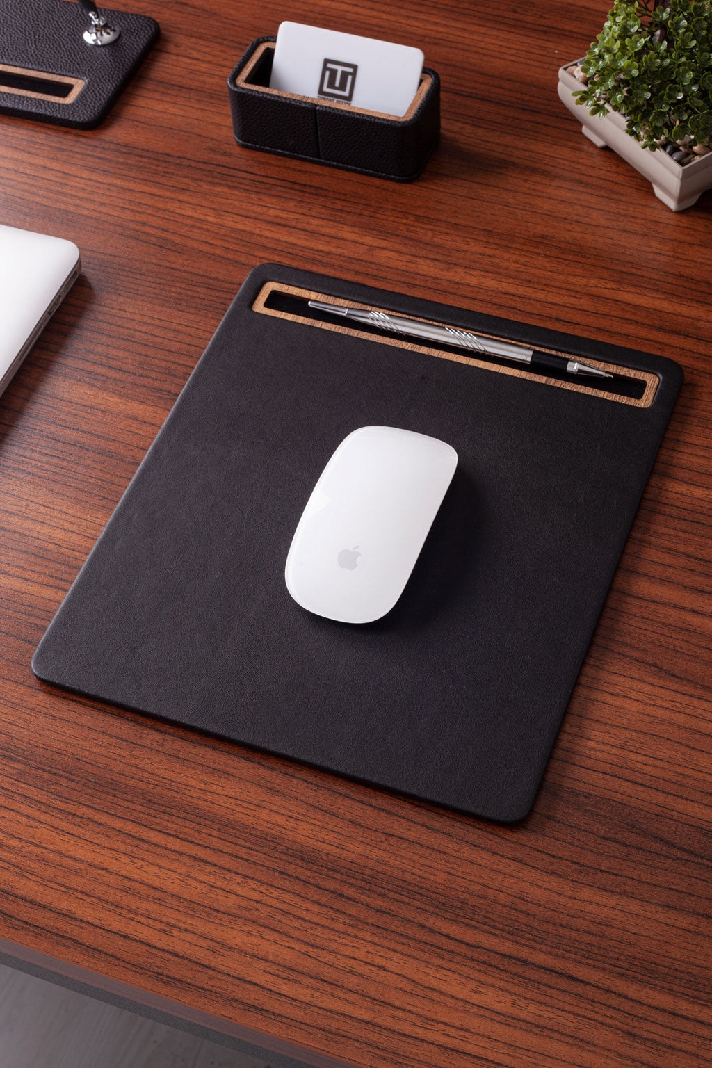 Leather Mousepad Plain Black Wood Detailed
