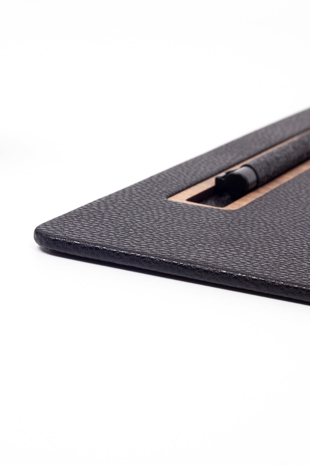 Leather Meeting Desk Black Vertical Wooden Detail 49x34cm