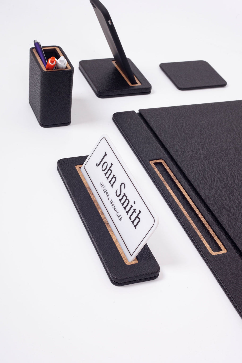 Alya Leather Desk Set 6 Pieces Covered Model Desk with Nameplate