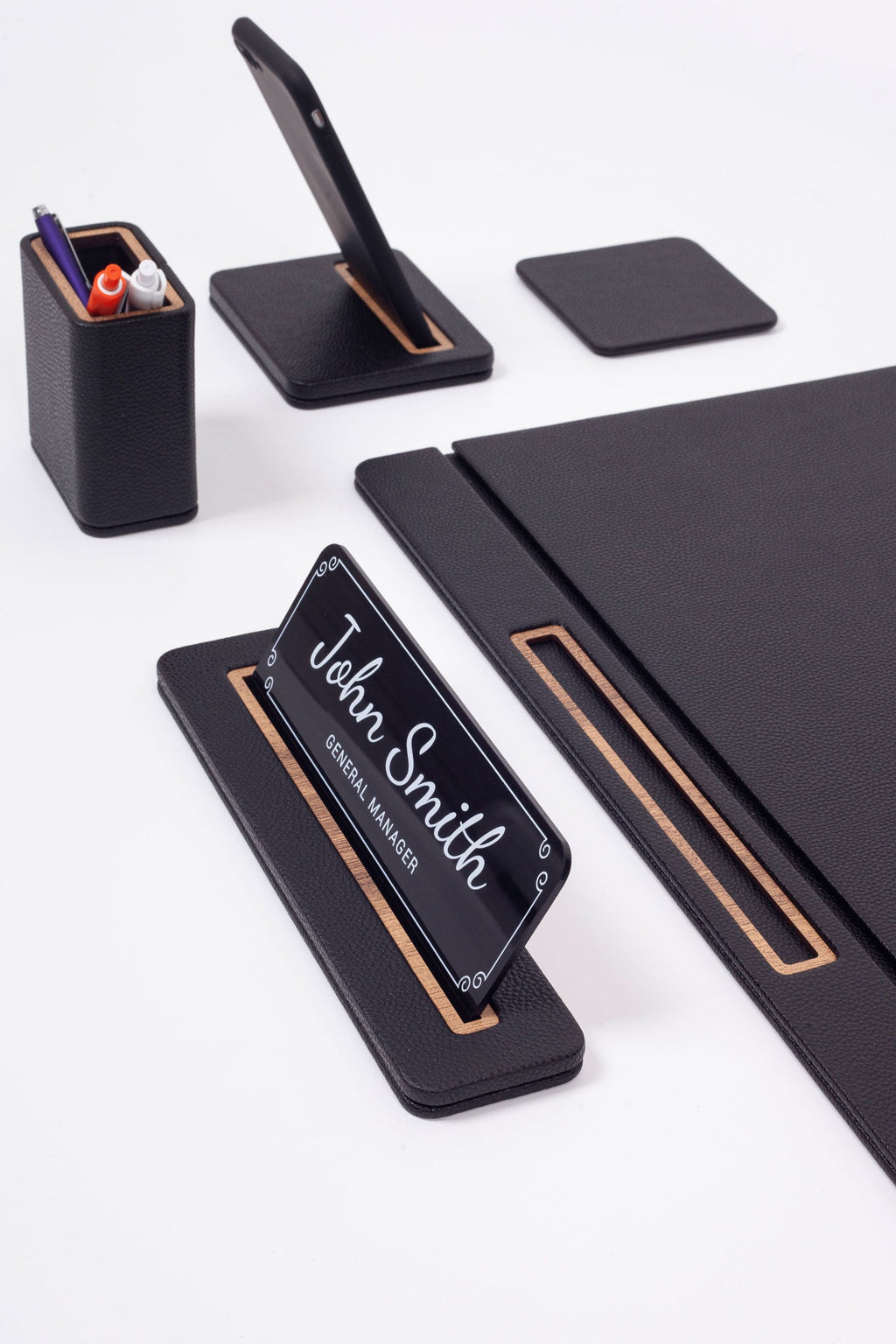 Alya Leather Desk Set 6 Pieces Covered Model Desk with Nameplate