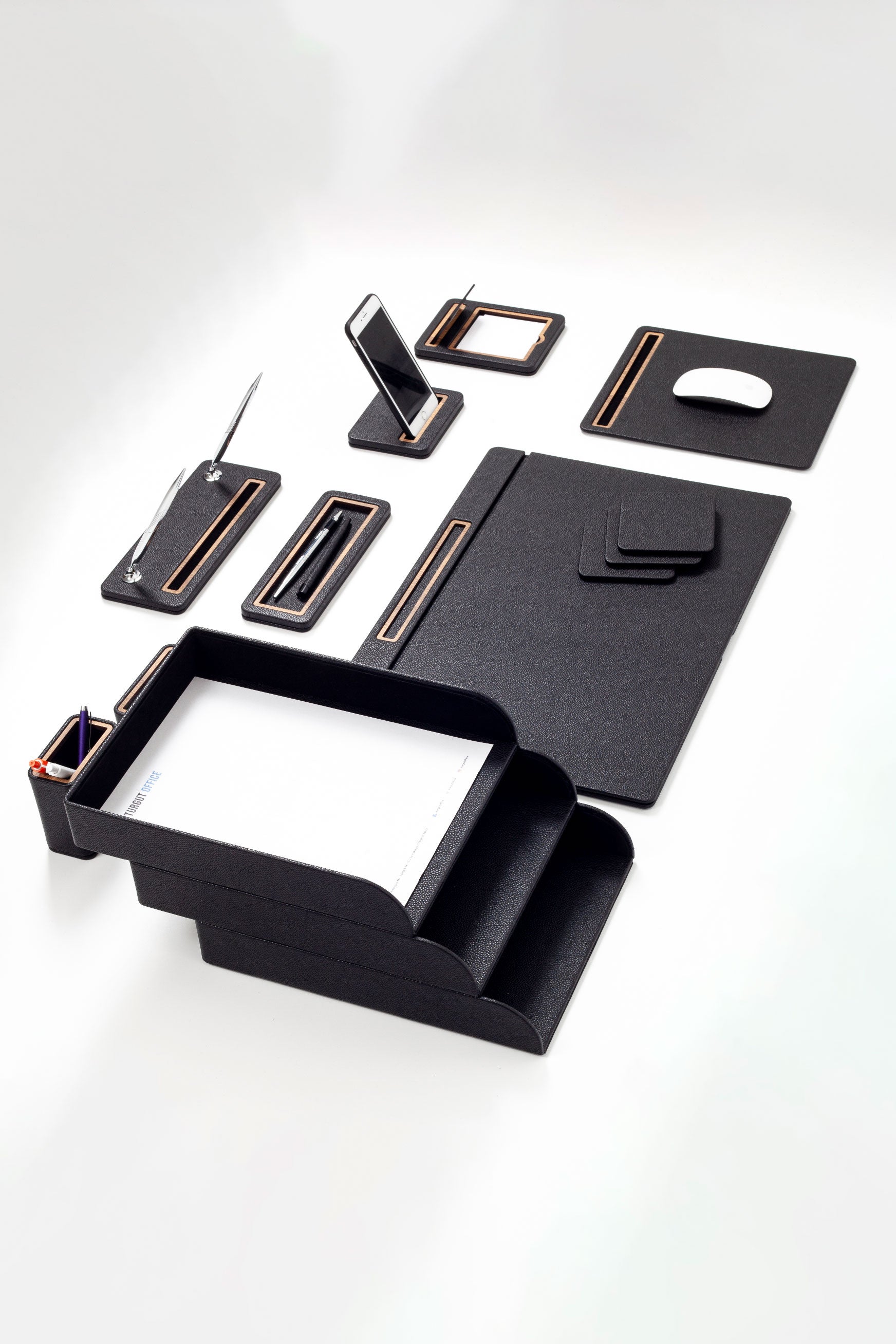 Pera Leather Desk Set 12 Pieces Covered Model With Three Document Shelves