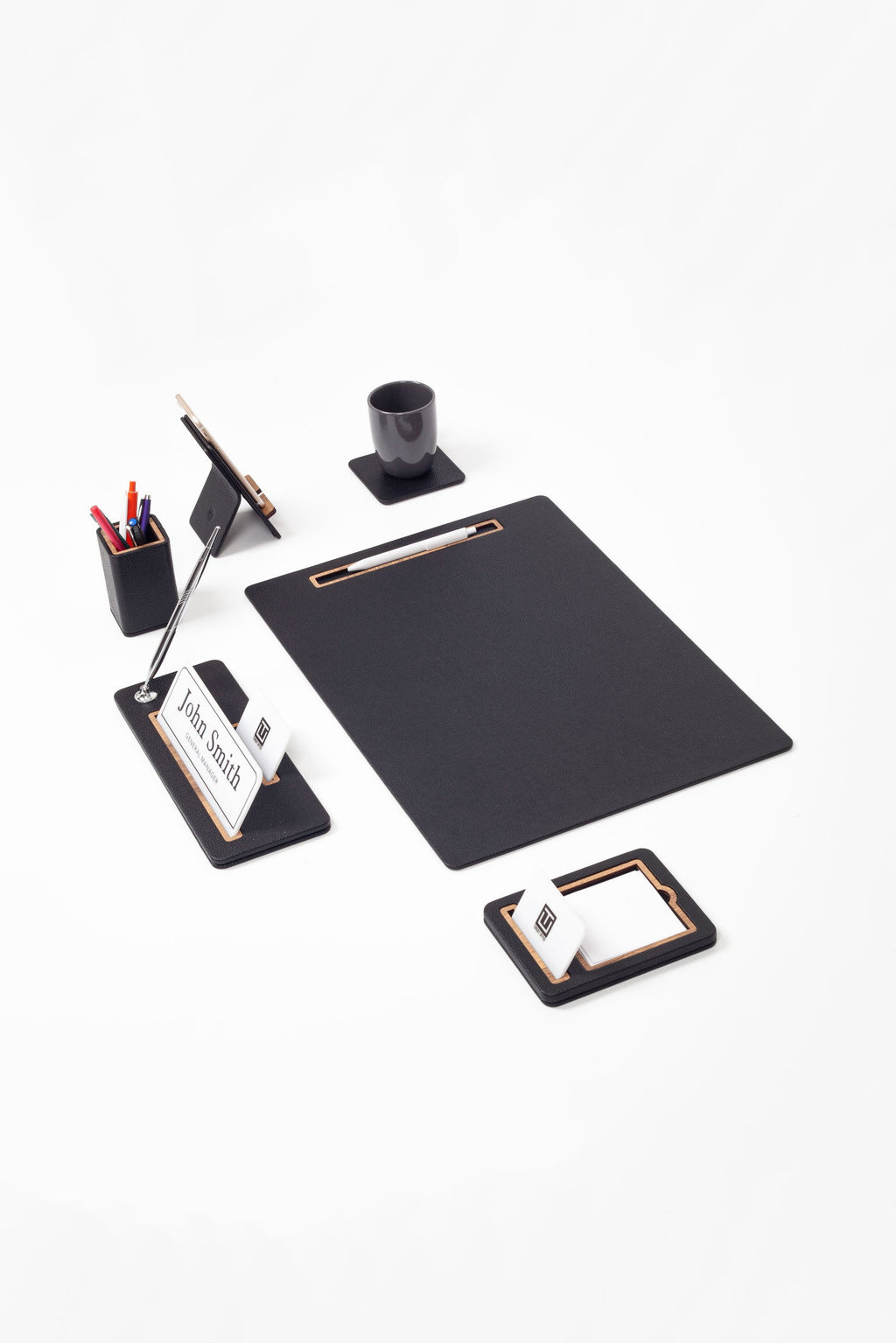 Cavalli Vertical Slatted Leather Desk Set Black 6 Pcs