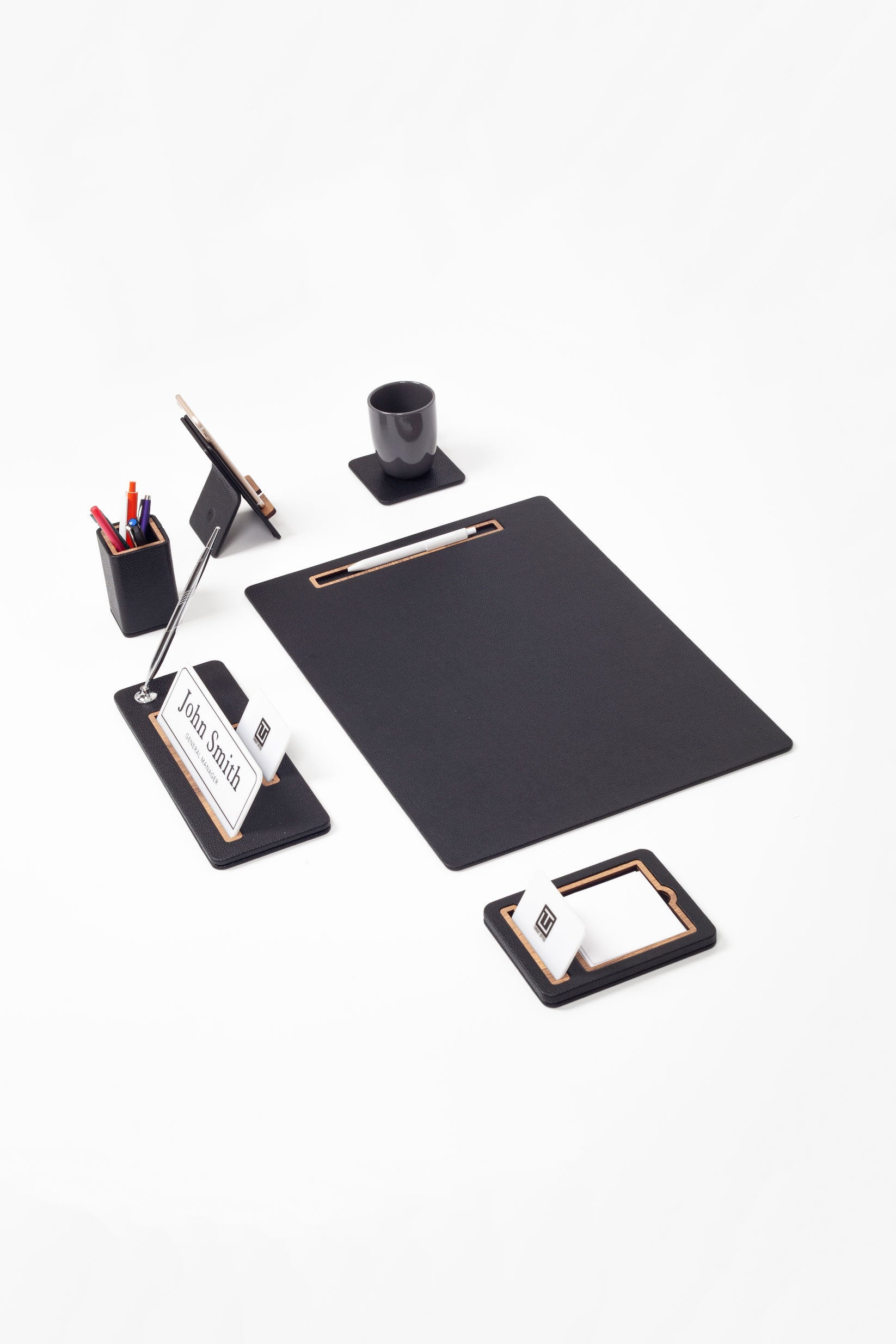 Cavalli Vertical Slatted Leather Desk Set Black 6 Pcs