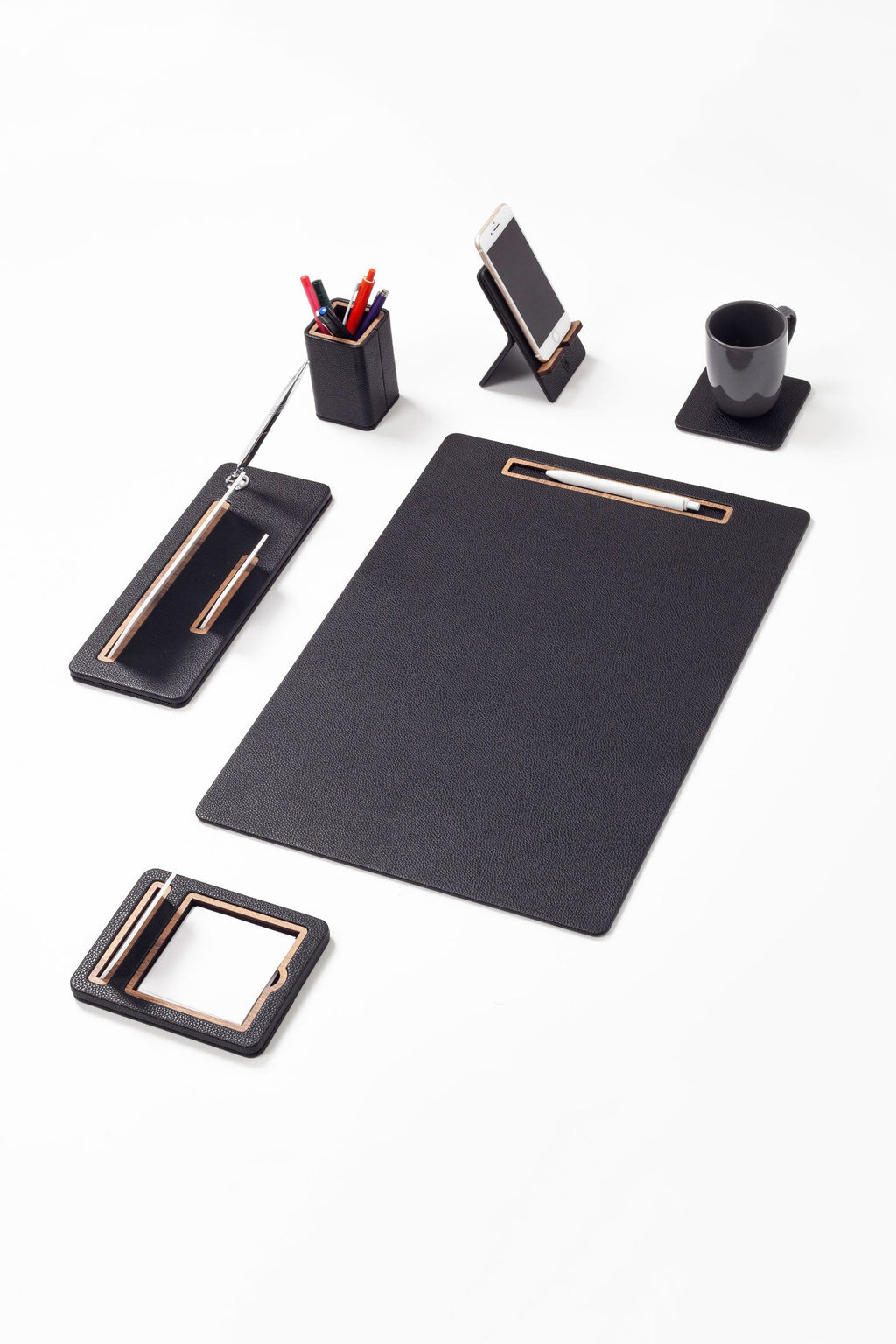 Cavalli Vertical Slatted Leather Desk Set Black 6 Pcs